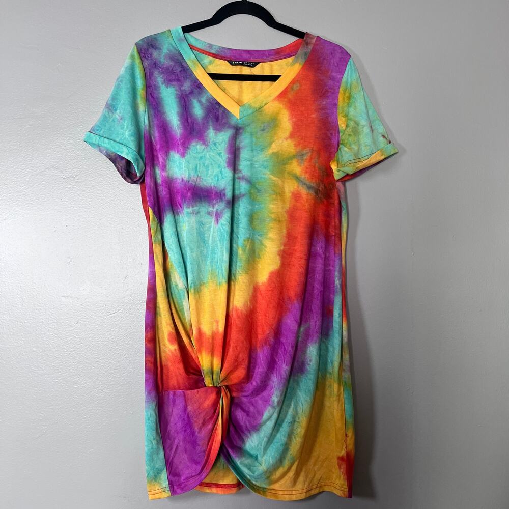+Tie-Dye V-Neck Knot Front Women’s Dress - Multicolor